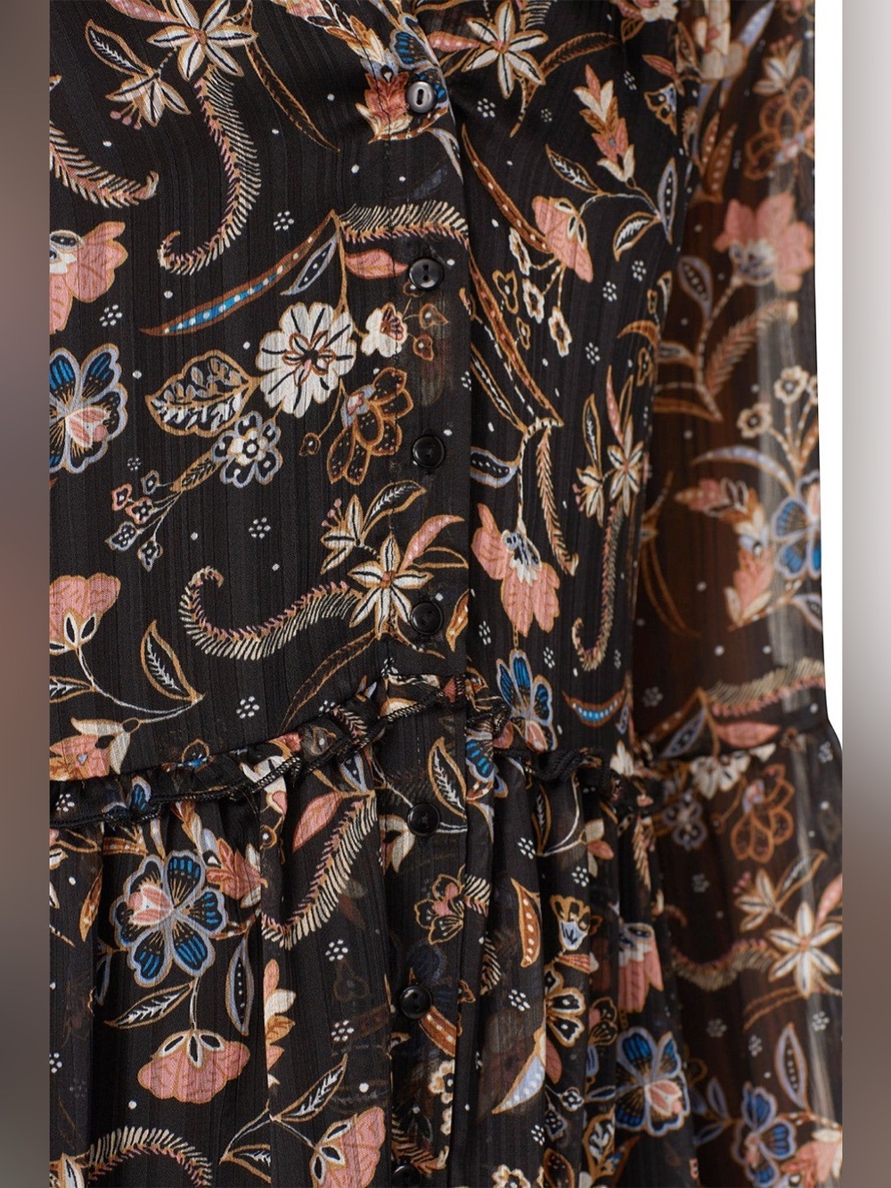 Floral Tiered Long-Sleeve Midi Dress in Black - Picture 4 of 10